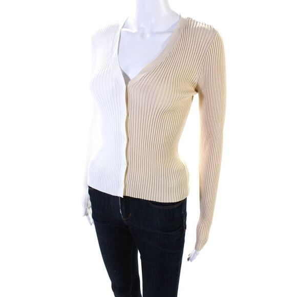 Staud Women's Ribbed Knit Long Sleeve V-Neck Colorblock Top Beige/White Size XS - Picture 2 of 6